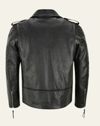 Back view of the black leather biker jacket showing the clean panelled silhouette and zipped cuffs