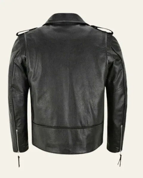 Back view of the black leather biker jacket showing the clean panelled silhouette and zipped cuffs