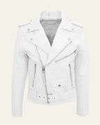 Front view of a white leather biker jacket with asymmetric zip fastening and belted hem