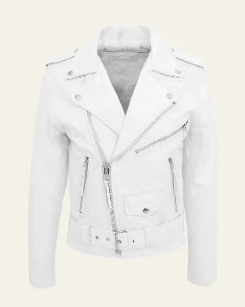 Front view of a white leather biker jacket with asymmetric zip fastening and belted hem