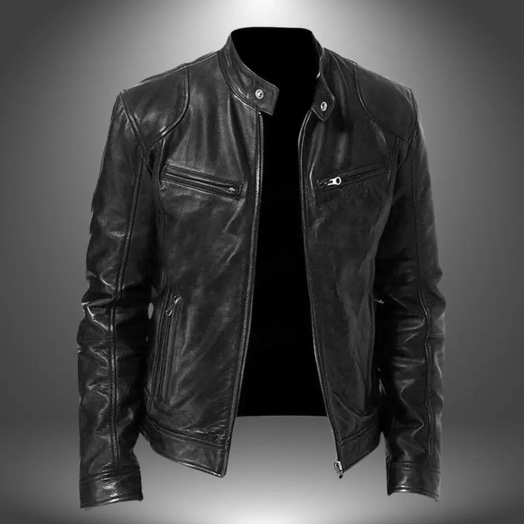 Front view of a black leather biker jacket with stand collar, zip closure and chest zip pockets