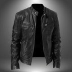 Front view of a black leather biker jacket with stand collar, zip closure and chest zip pockets