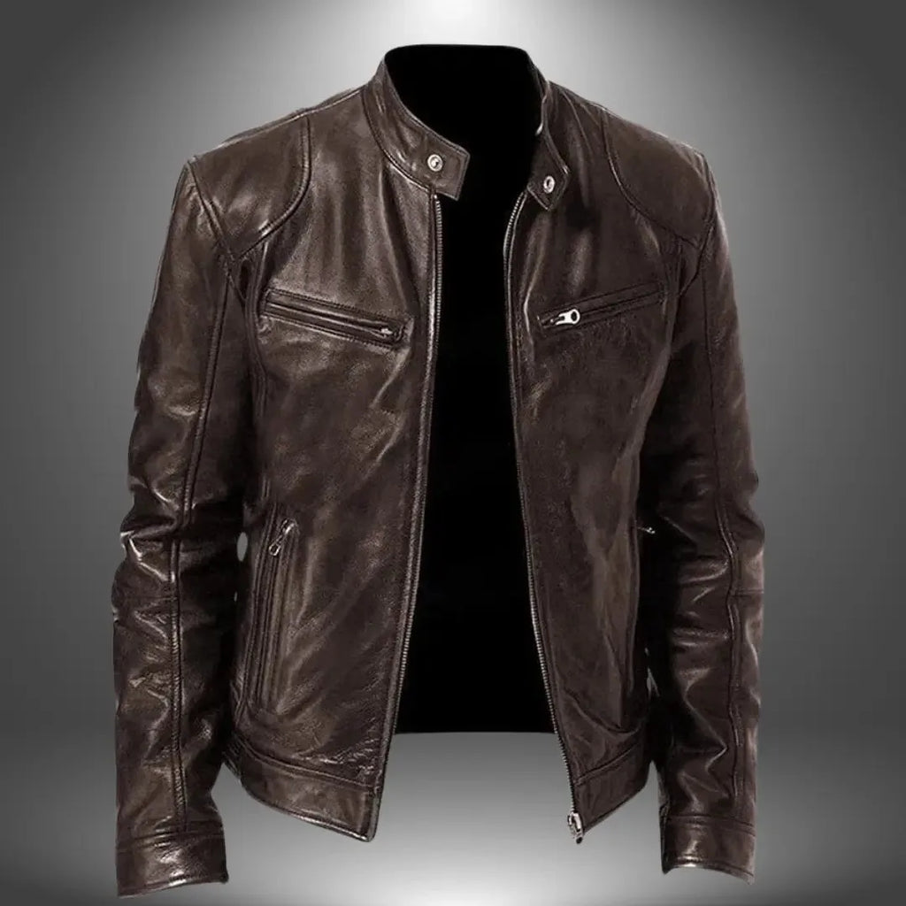 Brown leather biker jacket shown open, displaying smooth grain texture and stand collar with snap tab