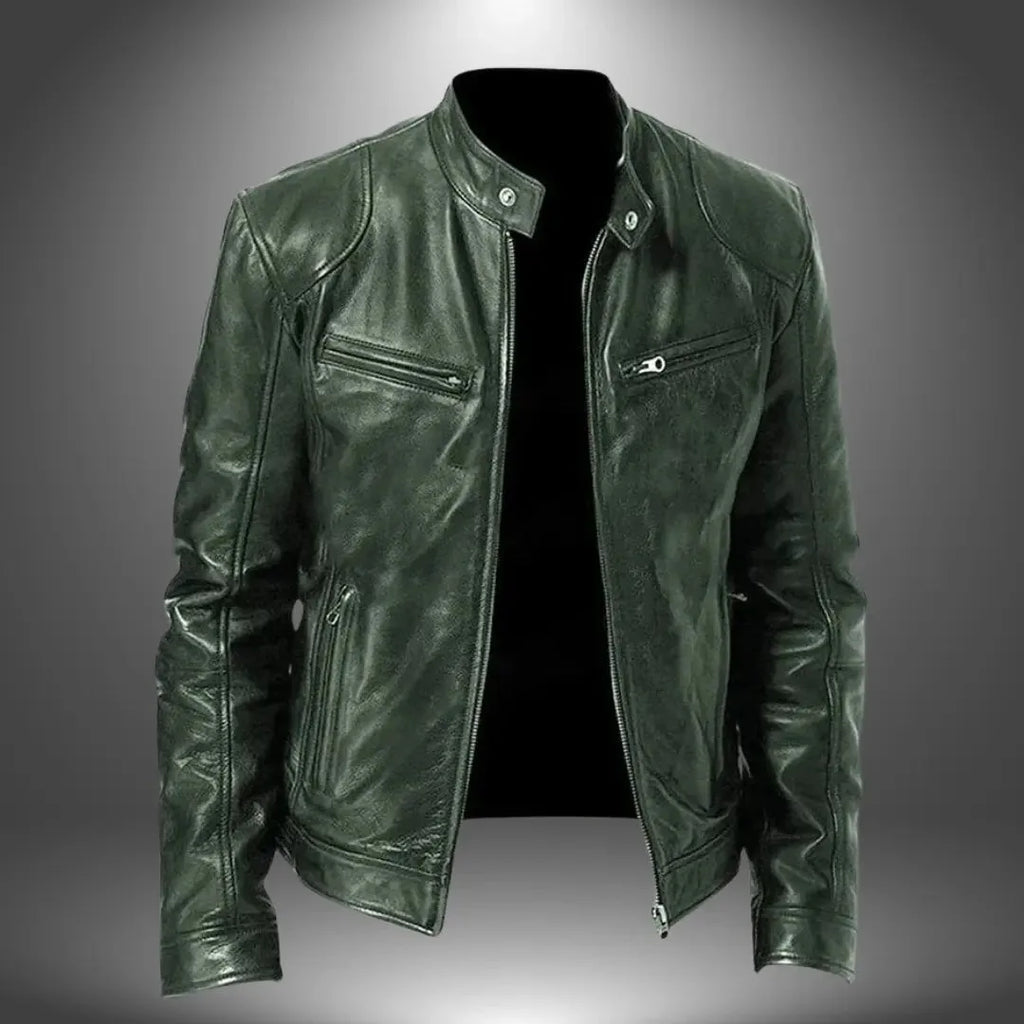 Dark green leather biker jacket with zip-up front, quilted shoulder panels and zip chest pockets