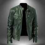 Dark green leather biker jacket with zip-up front, quilted shoulder panels and zip chest pockets