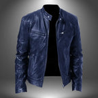 Dark blue leather biker jacket, front facing, showing slim cut and ribbed-stitch sleeve detailing