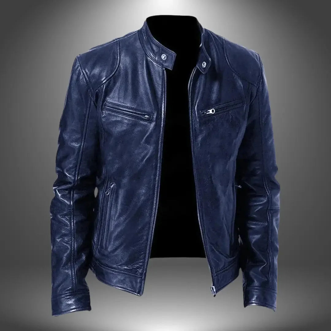 Dark blue leather biker jacket, front facing, showing slim cut and ribbed-stitch sleeve detailing