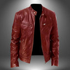 Deep red leather biker jacket with open zip front, stand collar and twin zip chest pockets