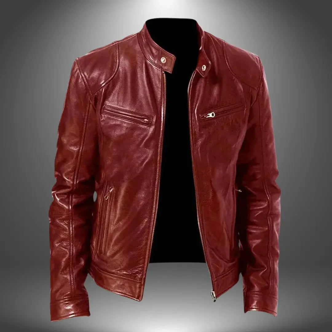 Deep red leather biker jacket with open zip front, stand collar and twin zip chest pockets
