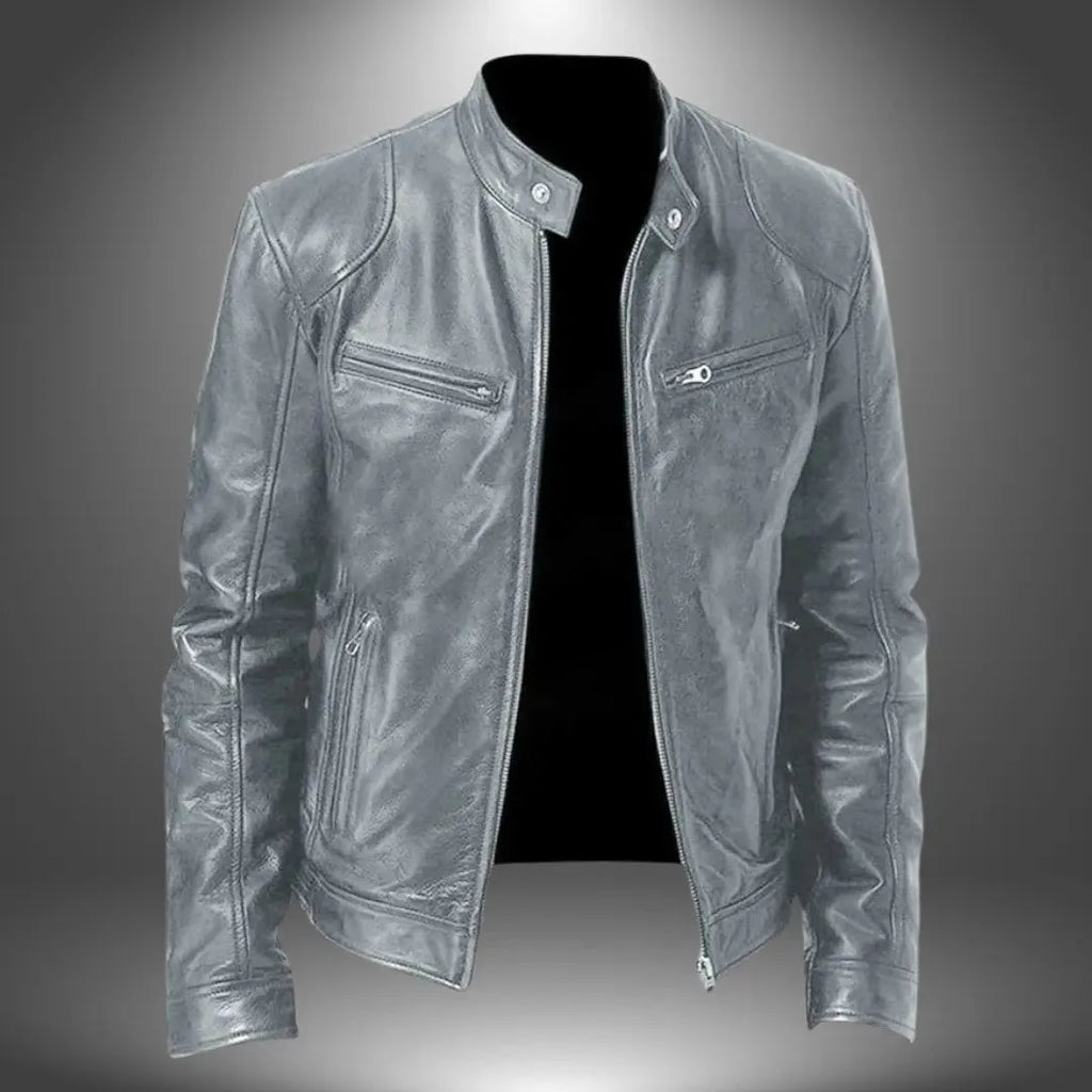 Grey leather biker jacket with distressed finish, zip-up front and snap-button collar tab