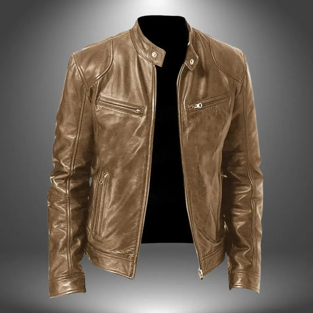Beige leather biker jacket, front view, showing structured shoulders and zippered side pockets