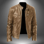 Beige leather biker jacket, front view, showing structured shoulders and zippered side pockets