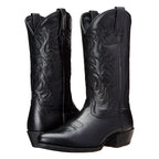Front pair view of black leather cowboy boots with pointed toe and intricate stitched shaft detailing