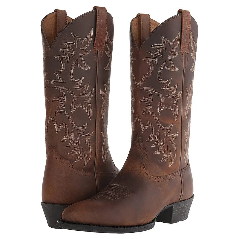 Close-up of the heel and sole unit on a brown leather cowboy boot showing tread detail