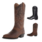 Full side view of brown leather cowboy boot shown alongside small thumbnails of the black and brown colourways