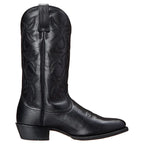 Side profile of a black leather cowboy boot showing the mid-height shaft and stacked block heel