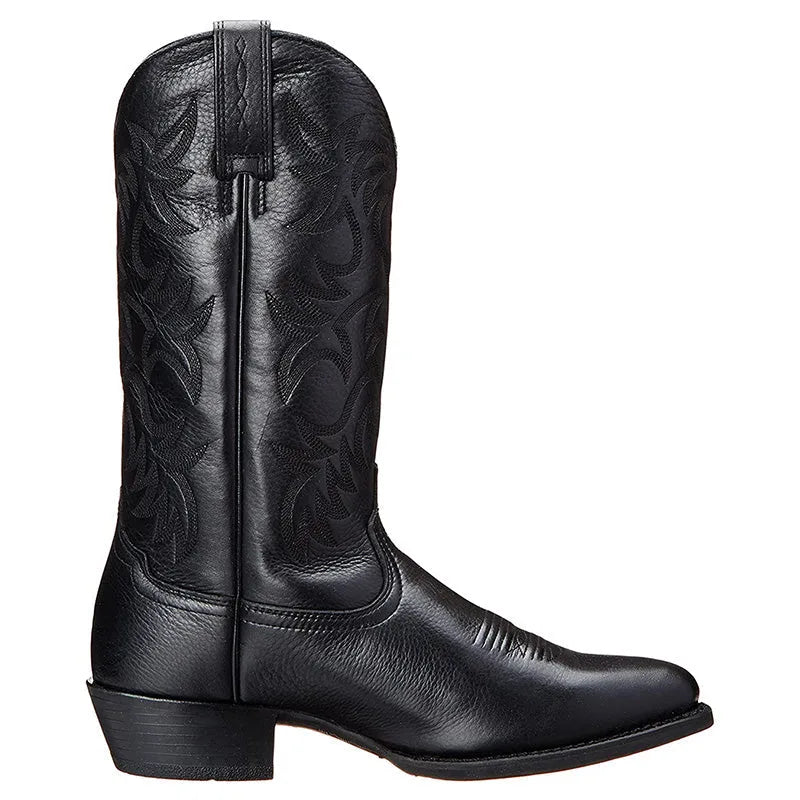 Side profile of a black leather cowboy boot showing the mid-height shaft and stacked block heel