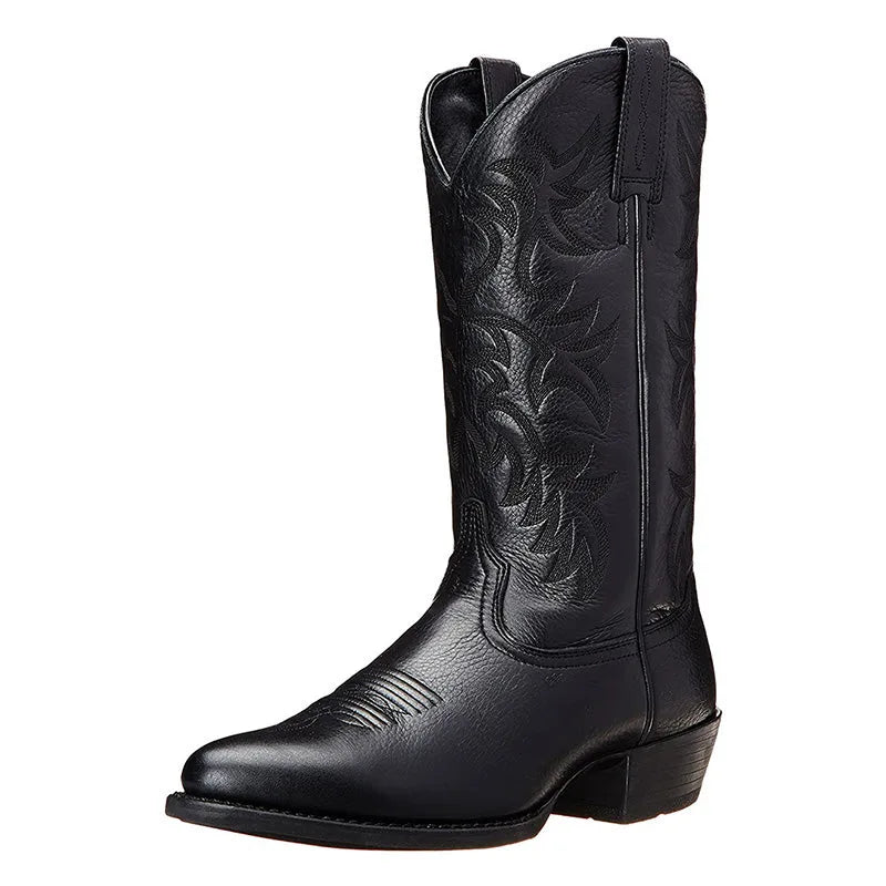 Three-quarter angle view of a black leather cowboy boot with pull tab and stitched western motif