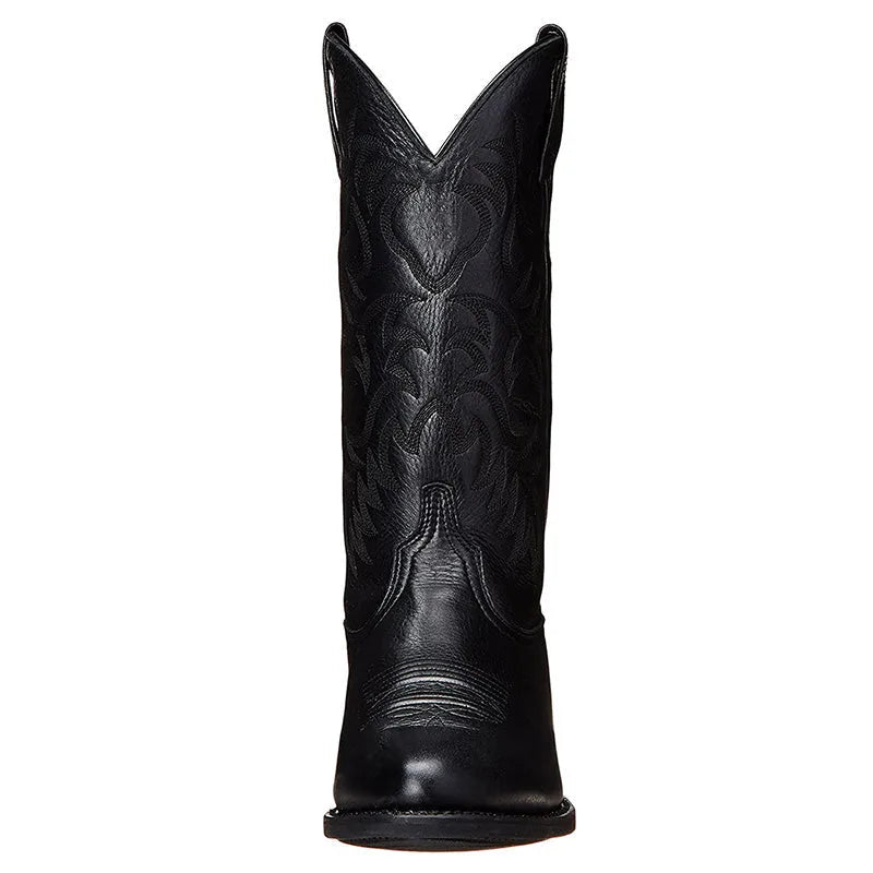 Straight-on front view of a black leather cowboy boot showing the V-notch collar and pull tab