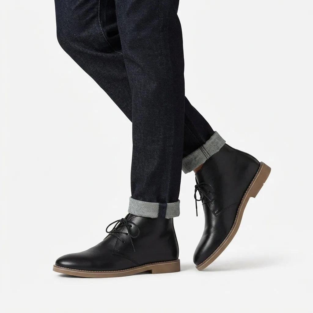 Man wearing black leather desert boots with turned-up jeans, shown mid-stride