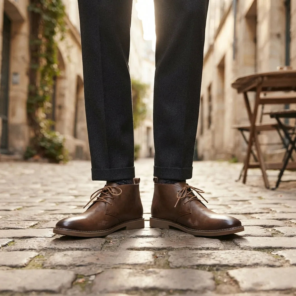 Close-up of a man wearing brown leather desert boots with tailored trousers on cobblestones