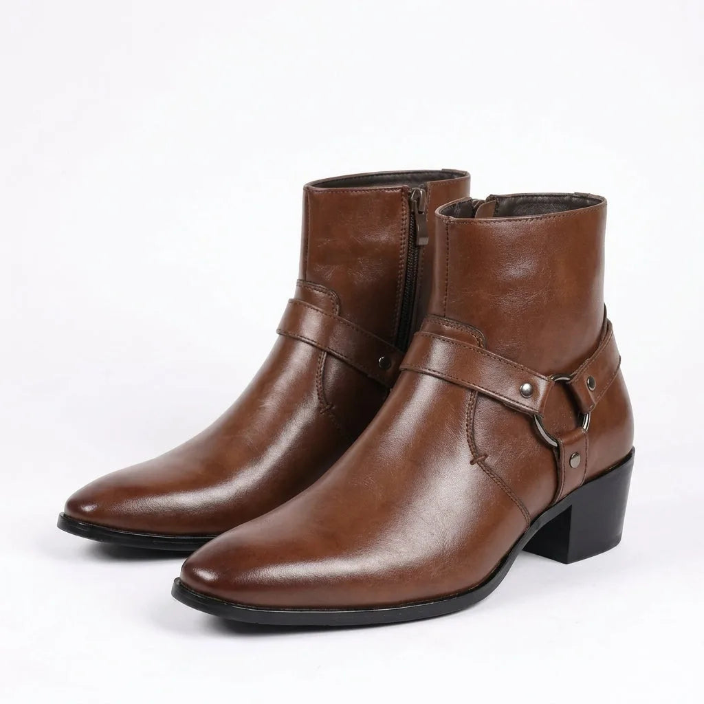Pair of brown leather harness boots shown together, highlighting side zip closure and buckle straps
