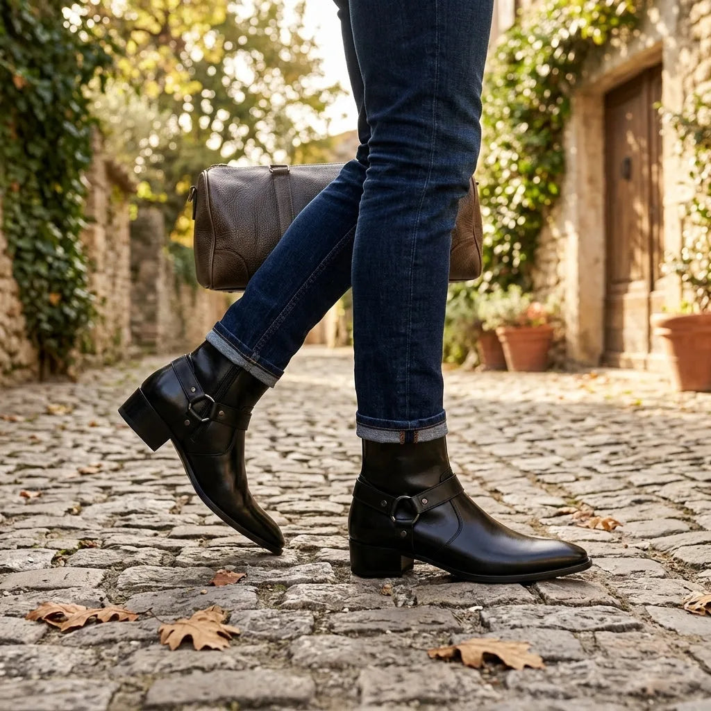 Model striding on cobblestones wearing black leather harness boots with turned-up denim