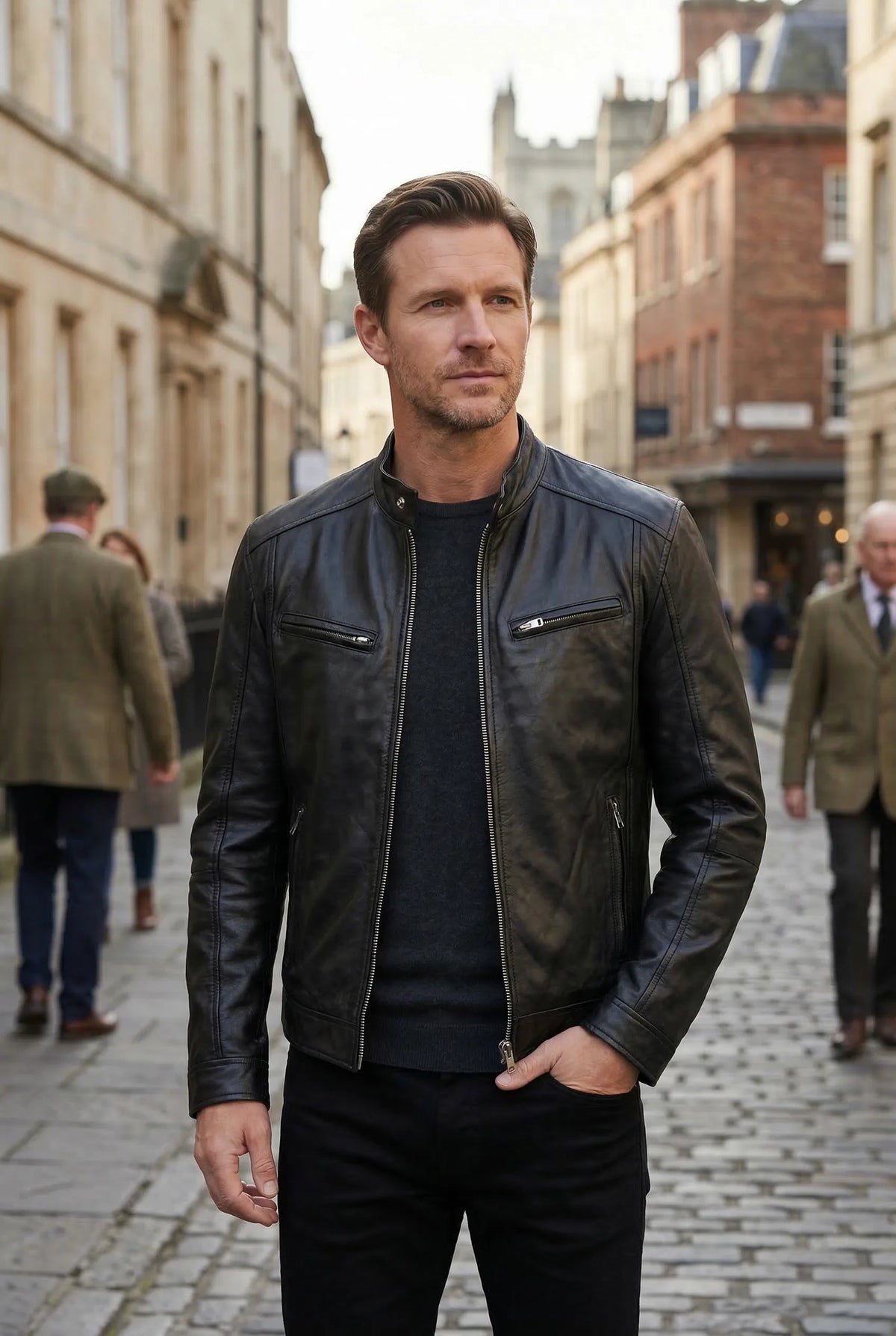 Man wearing the black leather jacket open over a jumper while walking on a cobbled city street