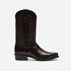 Side profile of a dark brown leather cowboy boot with stitched shaft and stacked block heel against a plain background