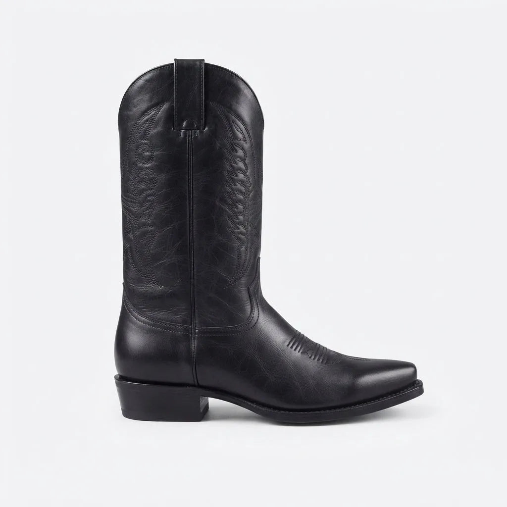 Side view of a black leather cowboy boot with classic pull-tab shaft and embroidered western stitching detail