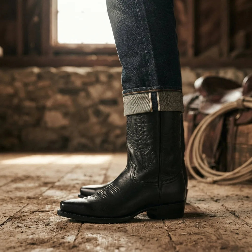 Cropped shot of a model wearing black cowboy boots with rolled denim jeans in a rustic barn setting
