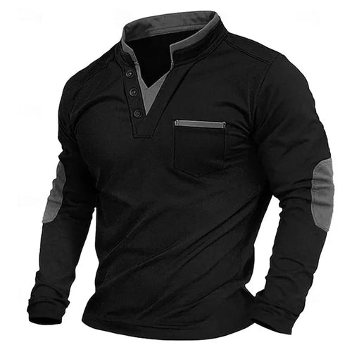 Black polo top with grey contrast trim on the stand collar, chest pocket zip detail and grey elbow patches