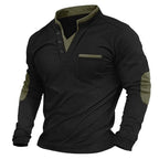 Black stand-collar polo with khaki green contrast placket, buttoned V-neck and matching elbow patches