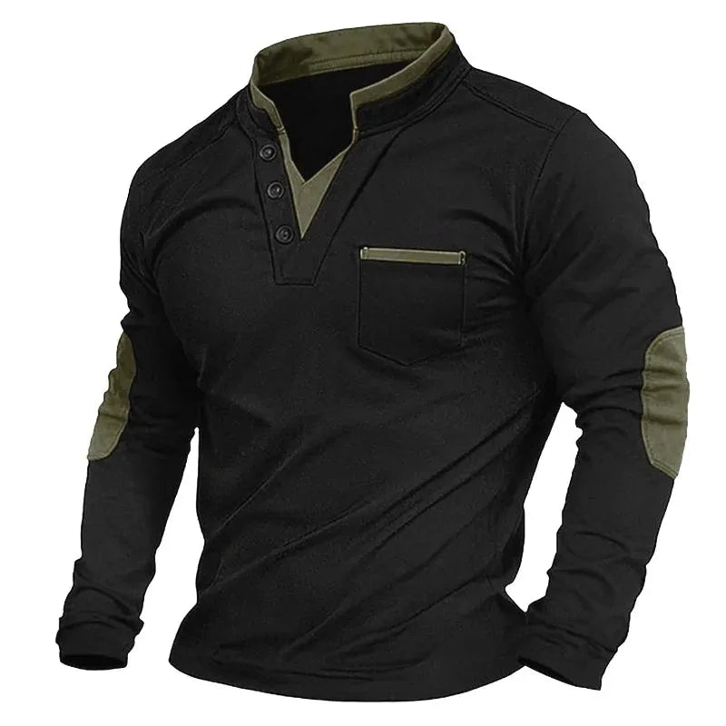 Black stand-collar polo with khaki green contrast placket, buttoned V-neck and matching elbow patches