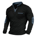 Black long-sleeve polo laid out flat, showing the blue contrast collar, chest pocket and buttoned neckline
