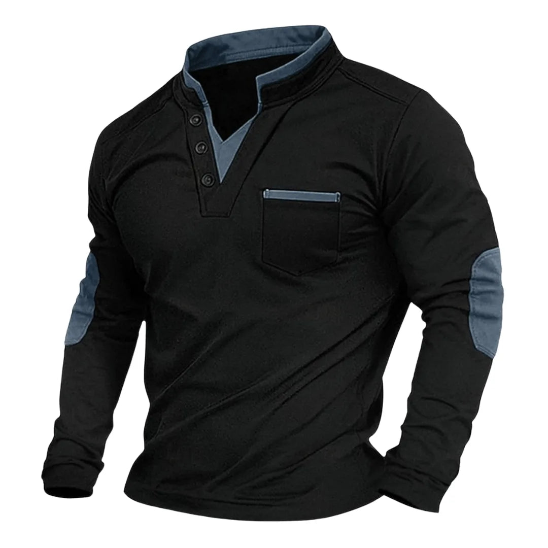 Black long-sleeve polo laid out flat, showing the blue contrast collar, chest pocket and buttoned neckline