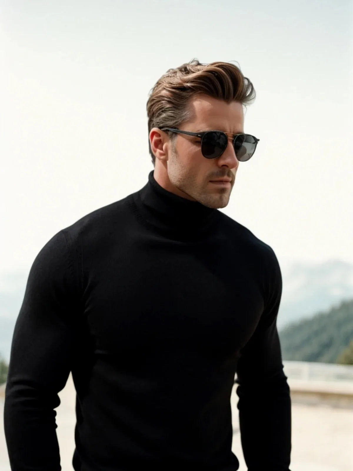Man wearing a black polo neck jumper with sunglasses, styled casually outdoors against a mountain backdrop