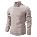 Light beige polo neck jumper shown on a flat background, front view with ribbed collar and cuffs