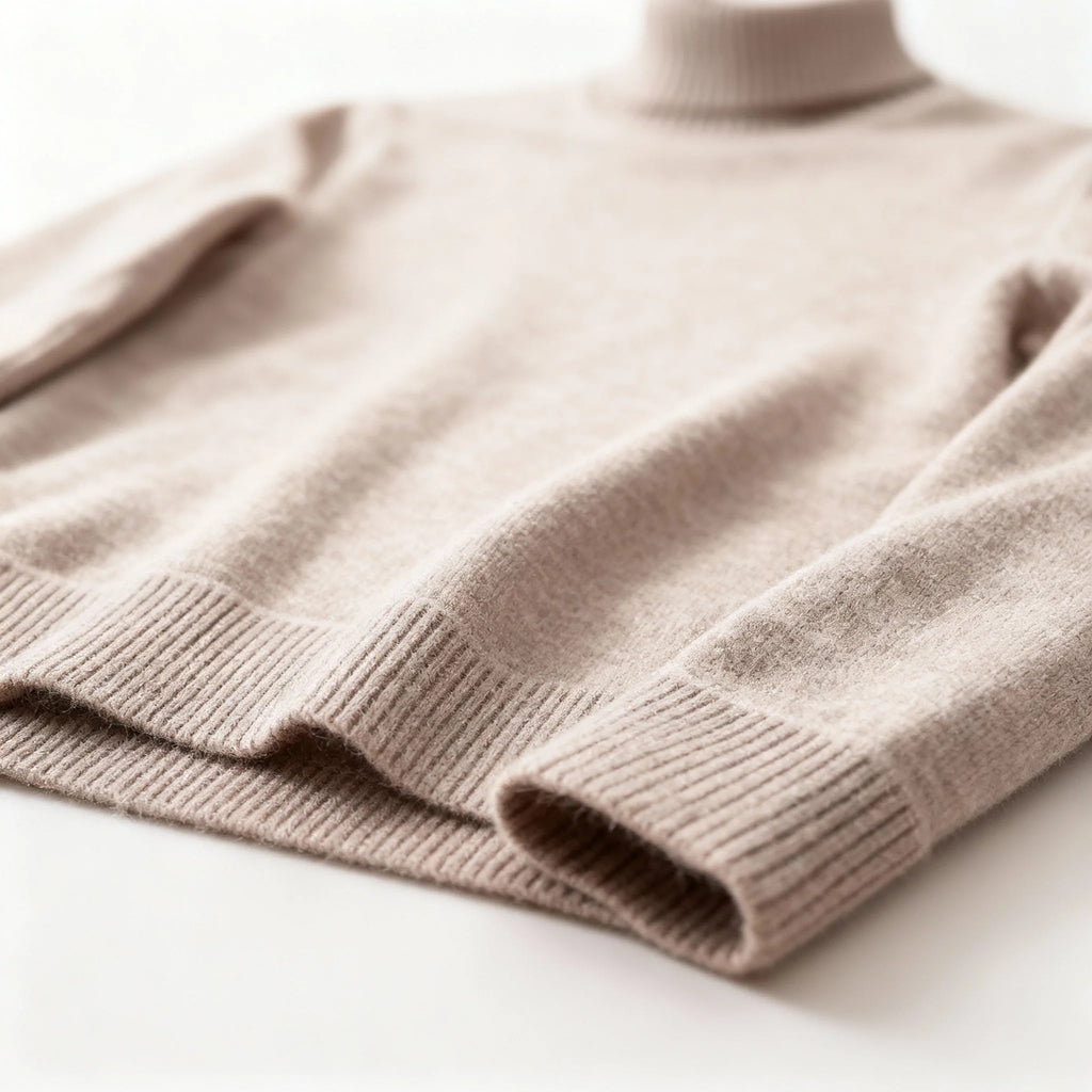 Folded beige jumper showing the ribbed hem and cuff detail side by side