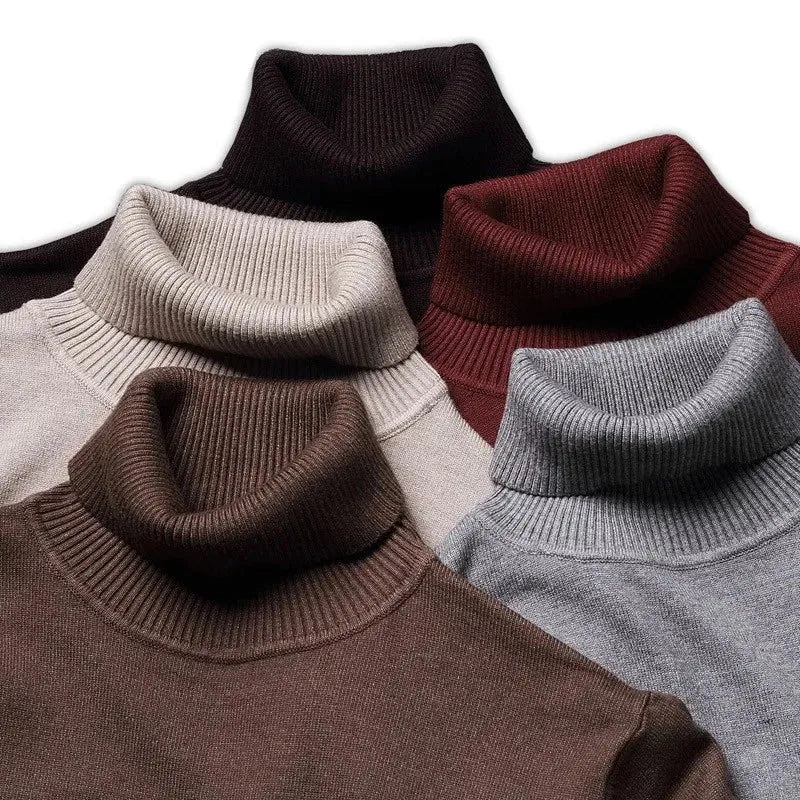 Five polo neck jumpers laid out showing the collar in brown, beige, black, burgundy and grey
