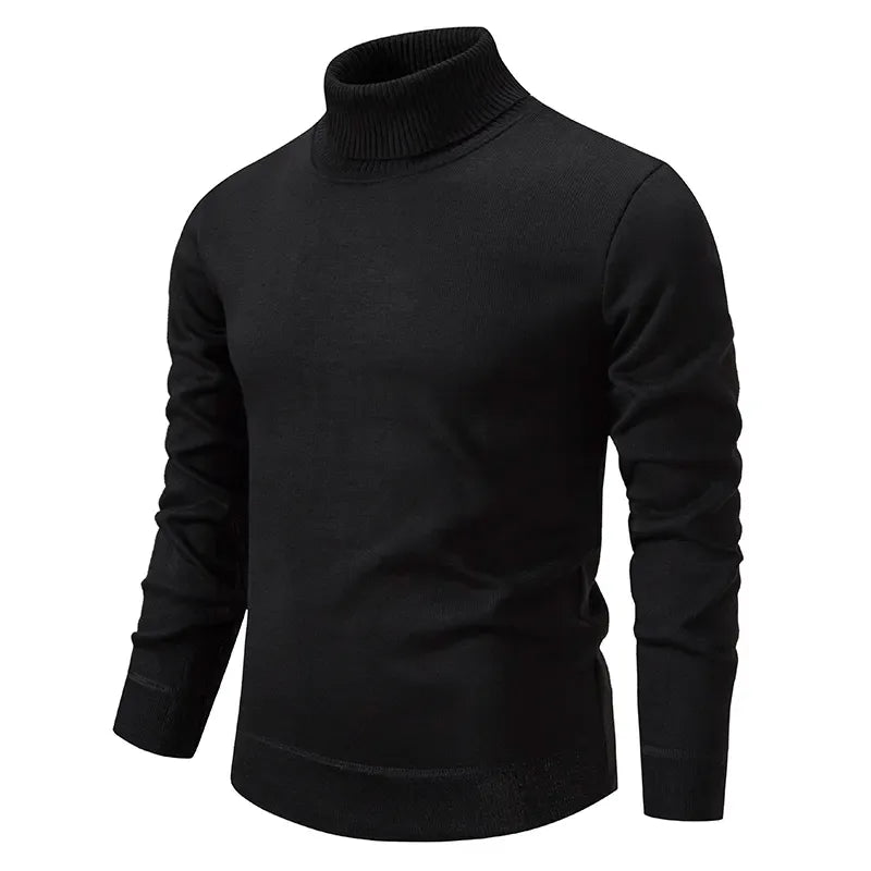 Black polo neck jumper on a flat background, front view with classic ribbed collar
