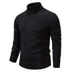 Black polo neck jumper on a flat background, front view with classic ribbed collar