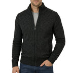 Charcoal grey marl zip-up knit jumper with high ribbed collar, worn open over a grey t-shirt