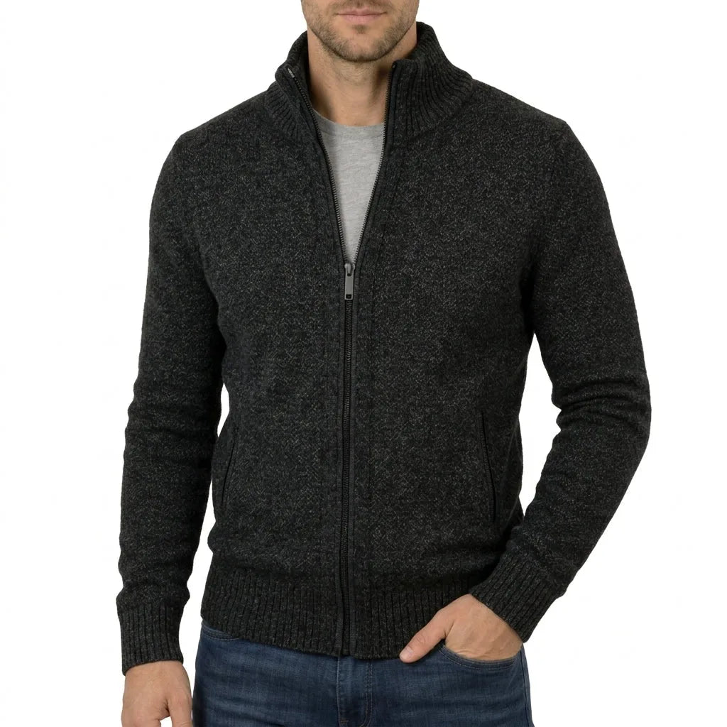 Charcoal grey marl zip-up knit jumper with high ribbed collar, worn open over a grey t-shirt