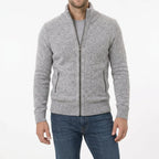 Light grey marl zip-through jumper with ribbed cuffs and hem, zip pockets visible at the hip