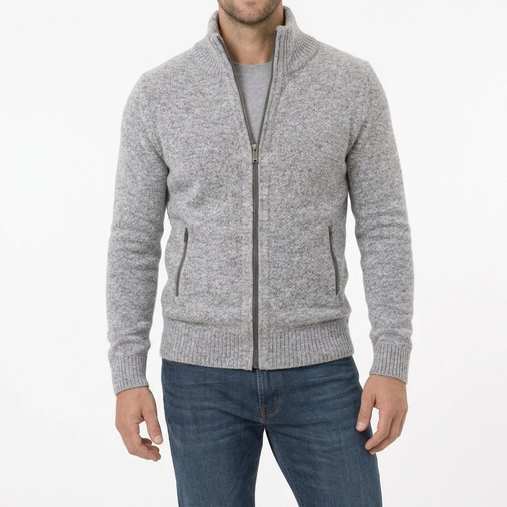 Light grey marl zip-through jumper with ribbed cuffs and hem, zip pockets visible at the hip