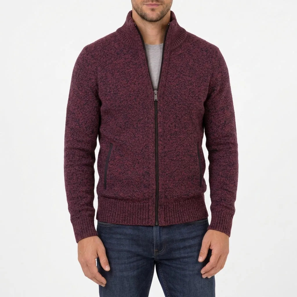 Burgundy and navy marl zip-up jumper with contrast zip pulls on the front pockets