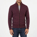 Burgundy and navy marl zip-up jumper with contrast zip pulls on the front pockets