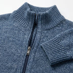 Close-up of the ribbed collar, zip pull and ribbed cuff on a denim blue marl knit jumper