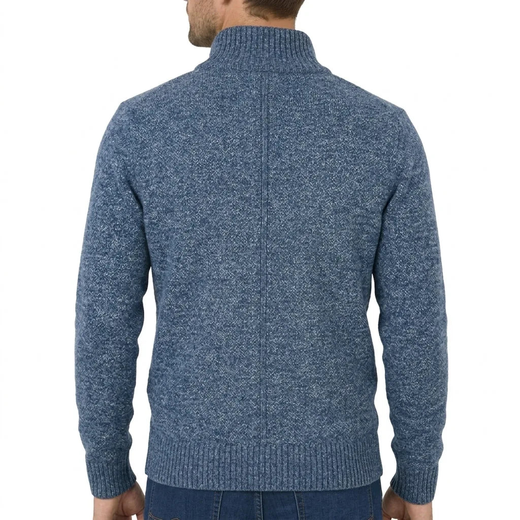 Back view of a denim blue marl zip-through jumper showing the ribbed hem and centre seam detail
